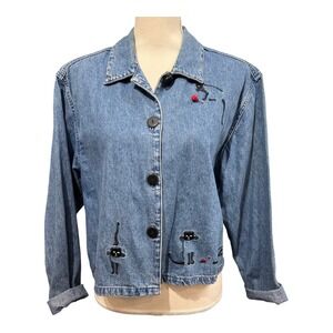 Vintage CJ Banks Shirt‎ Jacket L Denim Embroidered Kitty Crazy Kat Lade Shacket